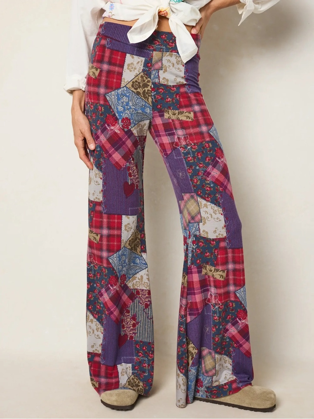 Natural Life Cali Knit Flare Pants Aspen Patchwork Burgundy XS NEW WITH TAGS NWT